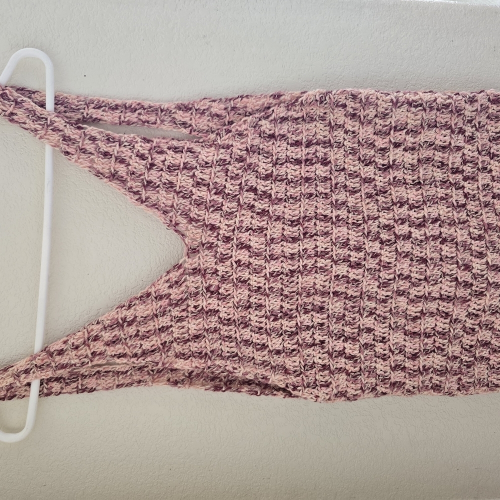 Pink handmade crochet tank top with deep V back, size medium.